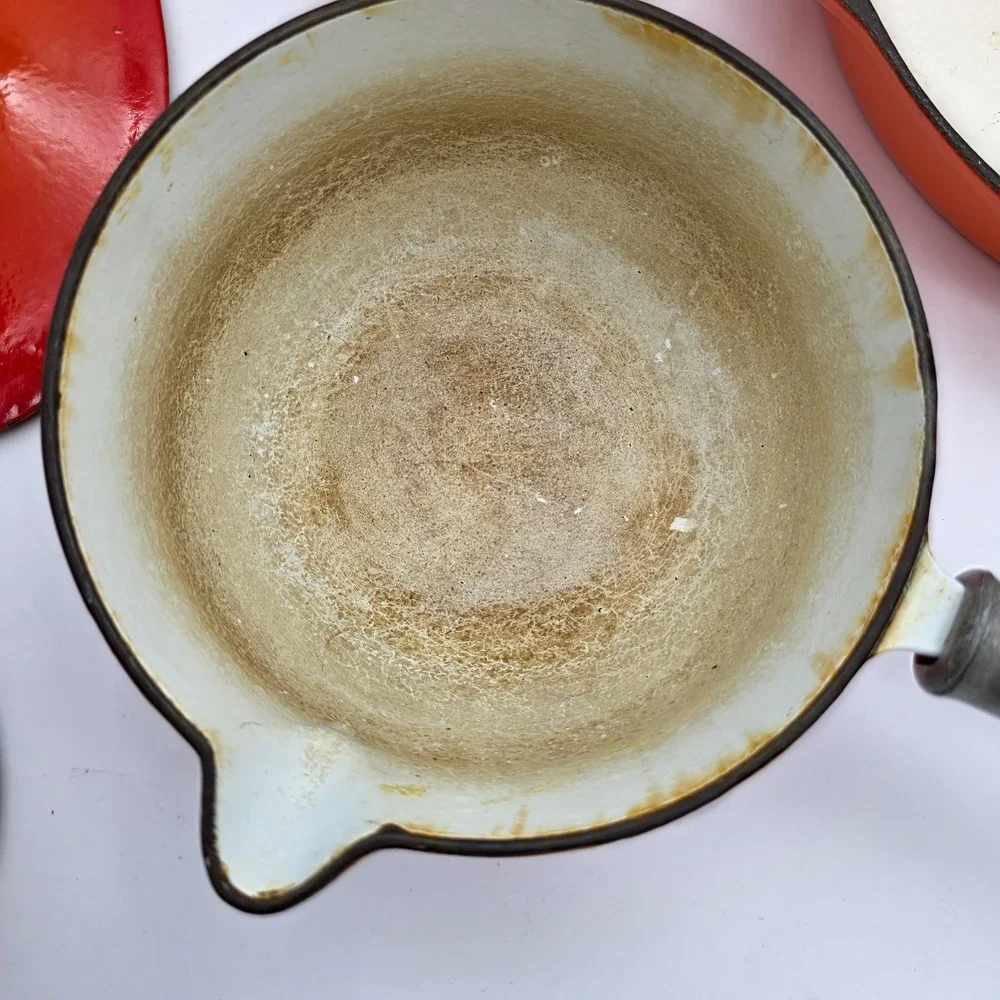 Vintage Unbranded #16 Pan, skillet, Casserole Flame Orange Enamel Cast Iron 70s?
